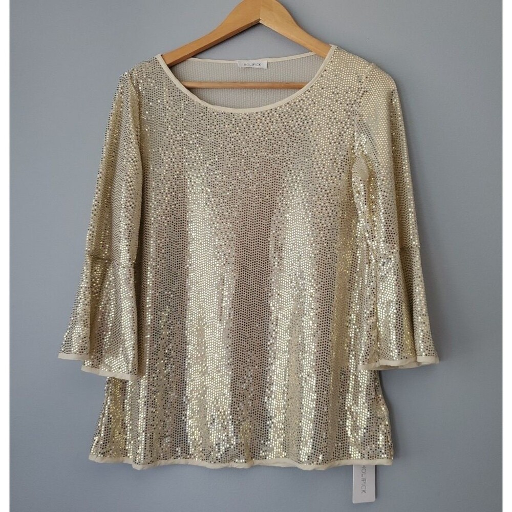 Holipick Gold Shiny Sequin Round Neck Pullover Holiday Blouse Womens MED